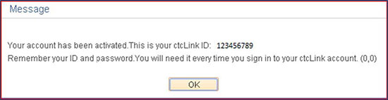 ctcLink Account Activation Confirmation Screen
