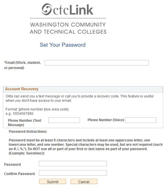 ctcLink Set Your Password Screen