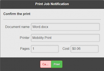 Print job notification screen confirming document 