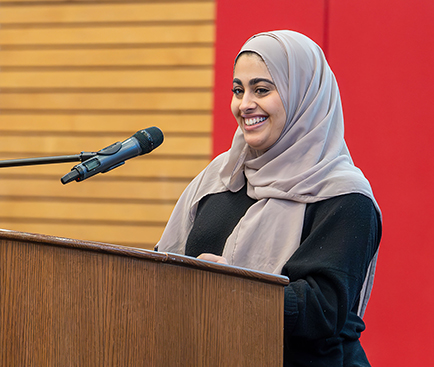 Narjis Alshatee, EvCC student and associated student body president, speaks at an EvCC Foundation benefit on April 16.
