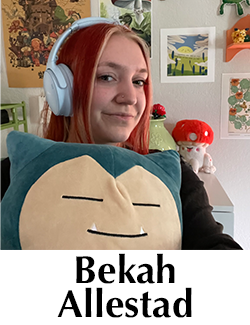 Photo of student holding snorlax plush labeled Bekah Allestad