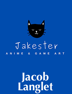blue field with illustration of a black cat. Words read Jakester, anime and game art, jacob langlet