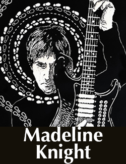 illustration of a person playing a guitar with a mandala of footprints swirling around their head. Text reads madeline knight