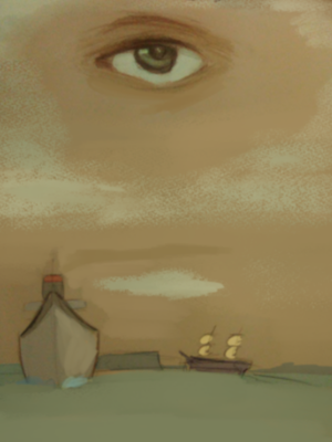 Eric Luck- surrealist painting of an eye floating above a seascape