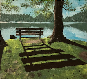 Jessica Bigney- palette knife landscape painting of a bench in front of a lake at sunset.