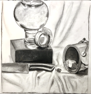 Jessica Bigney- charcoal drawing of glass still life objects.