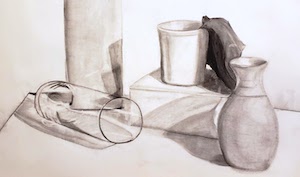 Lucy Johnson- charcoal still life of multiple cups on a white ground.