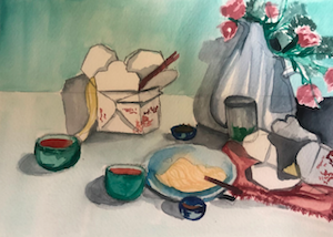 Molly McKinney- painted still life of Chinese take-out and a vase of flowers.