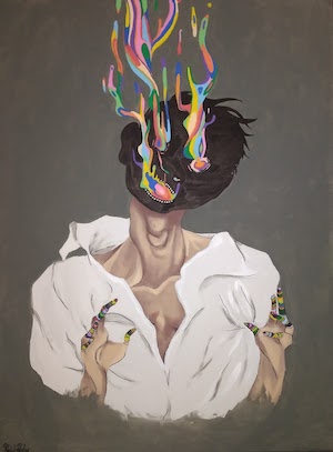 Rachel Harder- painting of a distorted person with bright colors flowing from their dark and distorted face.