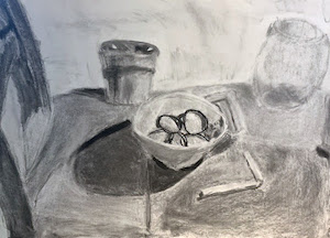 Sam Burleigh- charcoal still life drawing.