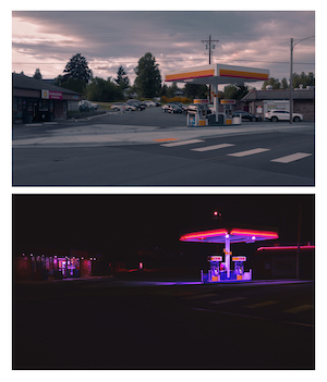 Shay Reichow- diptych of a gas station in the day and at night