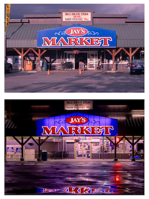 Shay Reichow- diptych of Jays market in the day and at night