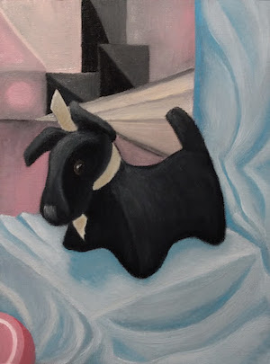 Victoria Soltman- still life painting of black stuffed dog on a pink and blue ground.