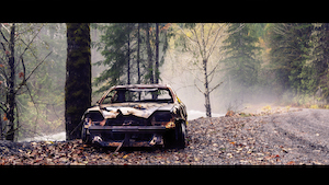 Sile Kiernan- photo of a rusted out car in a misty forest.