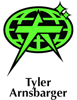 stylized logo of green and black that evokes a globe and stars. text below reads Tyler Arnsbarger.