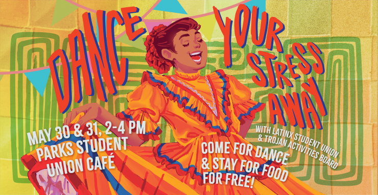 Decorative graphic. Come for dance and stay for food for free!